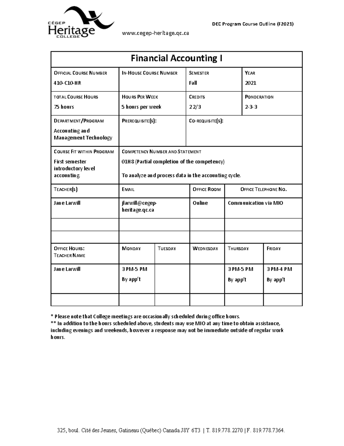 F21 410-C10-HR Financial Accounting I Course Outline (Fall 2021) - Studocu
