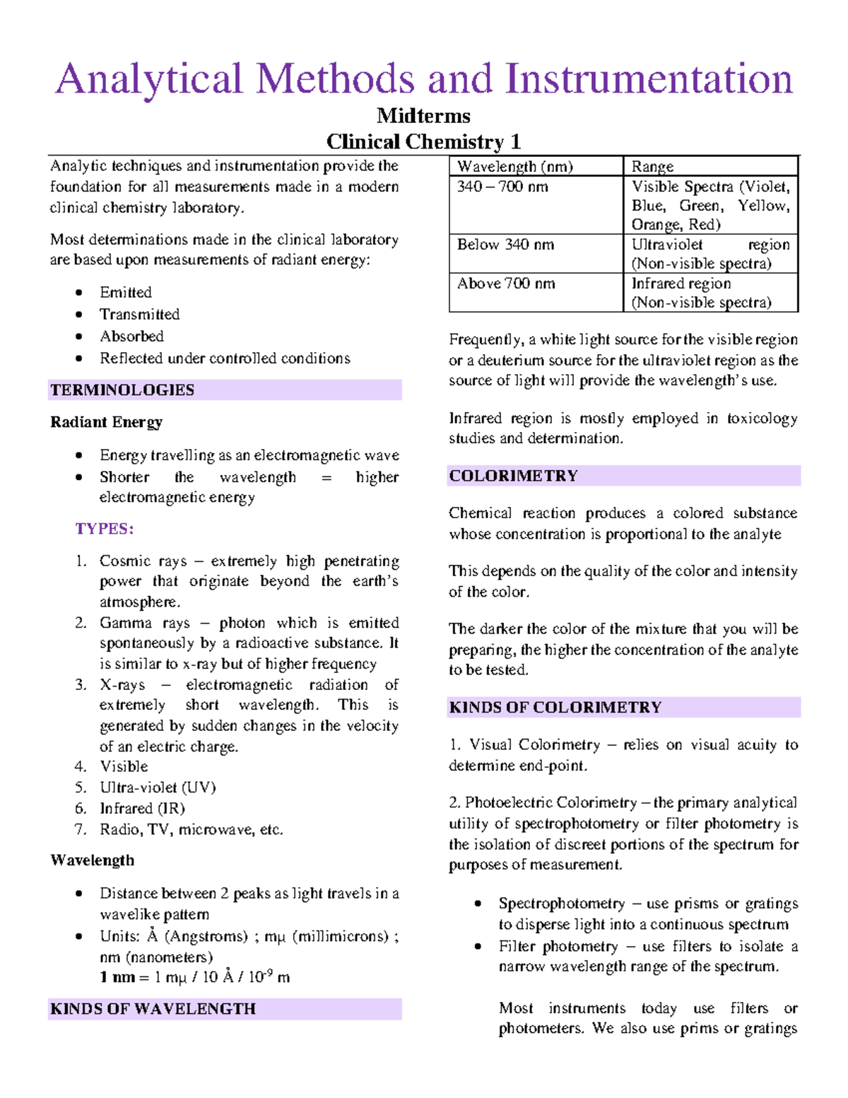 Analytical Methods & Instrumentation: Midterms Review (Clinical Chem 1 ...