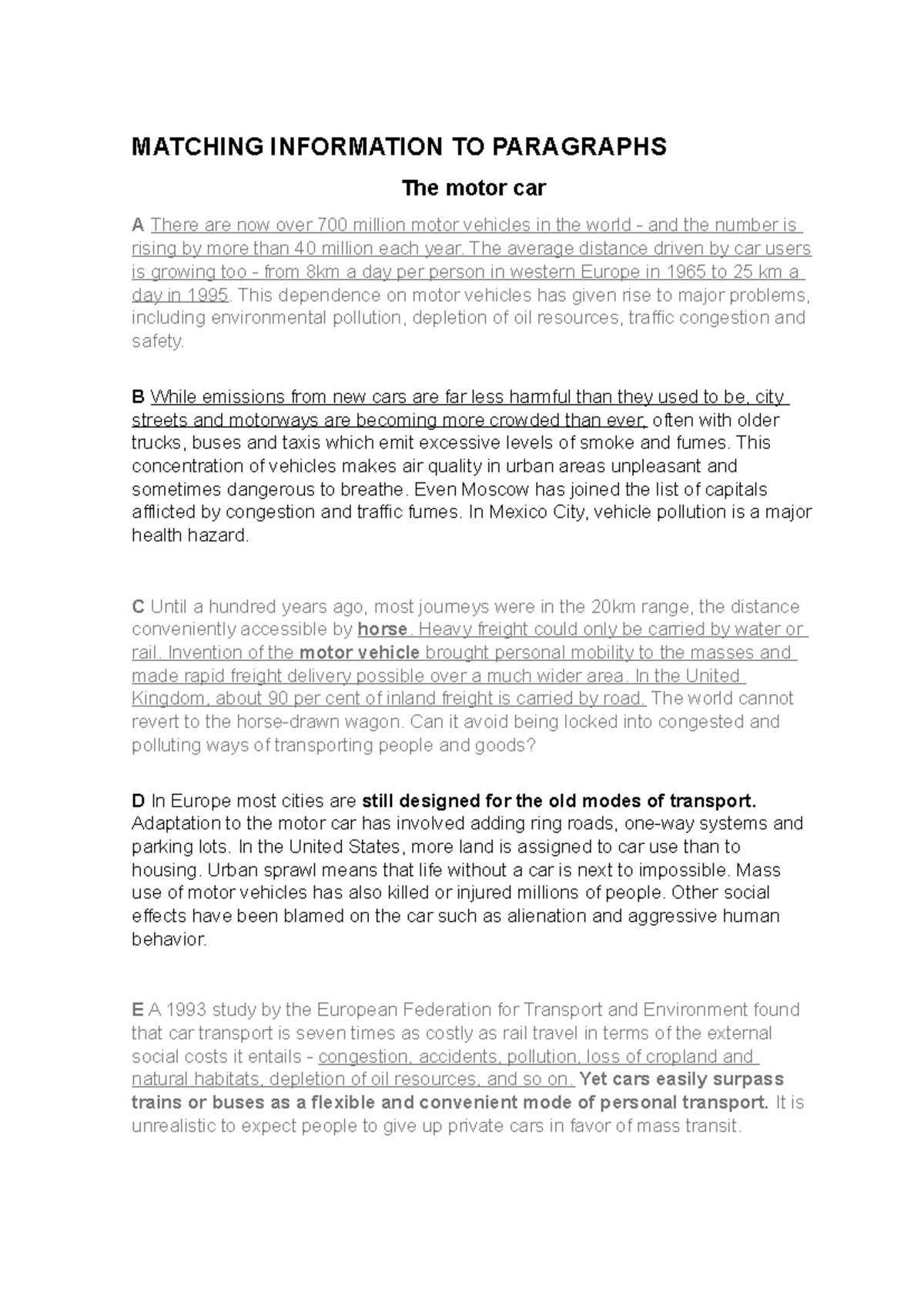 Cambridge English - Mock Exam: Matching Info to Paragraphs on Motor ...
