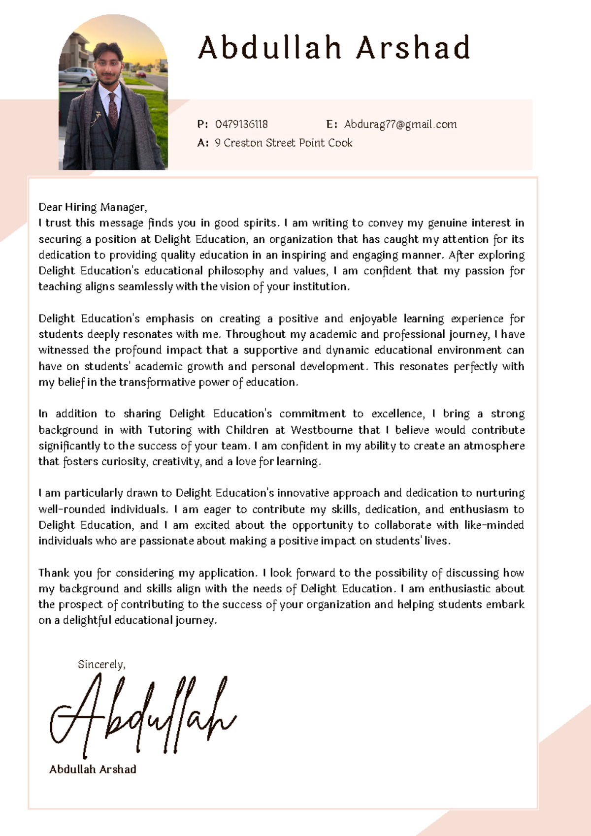 Business Cover Letter for Abdullah Arshad - Delight Education - Studocu