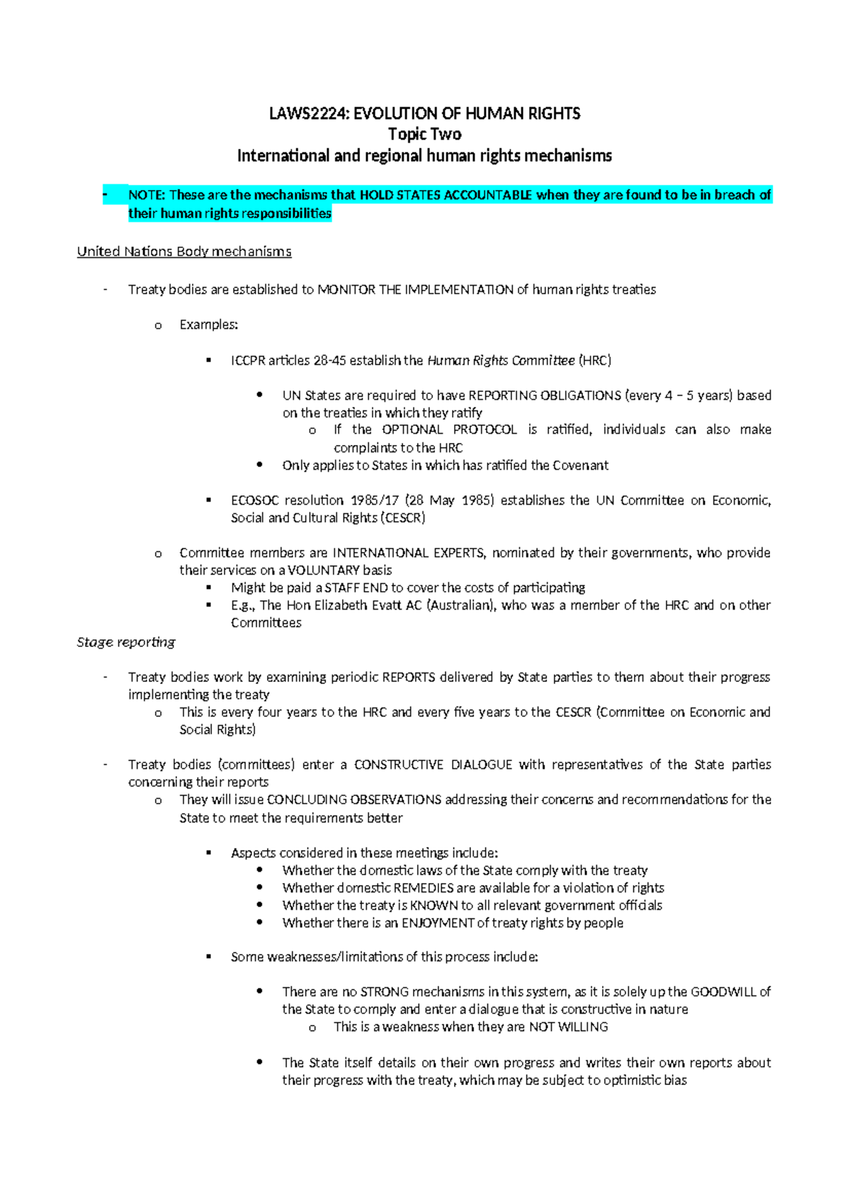 Topic 2 - LAWS2224: EVOLUTION OF HUMAN RIGHTS Topic Two International ...