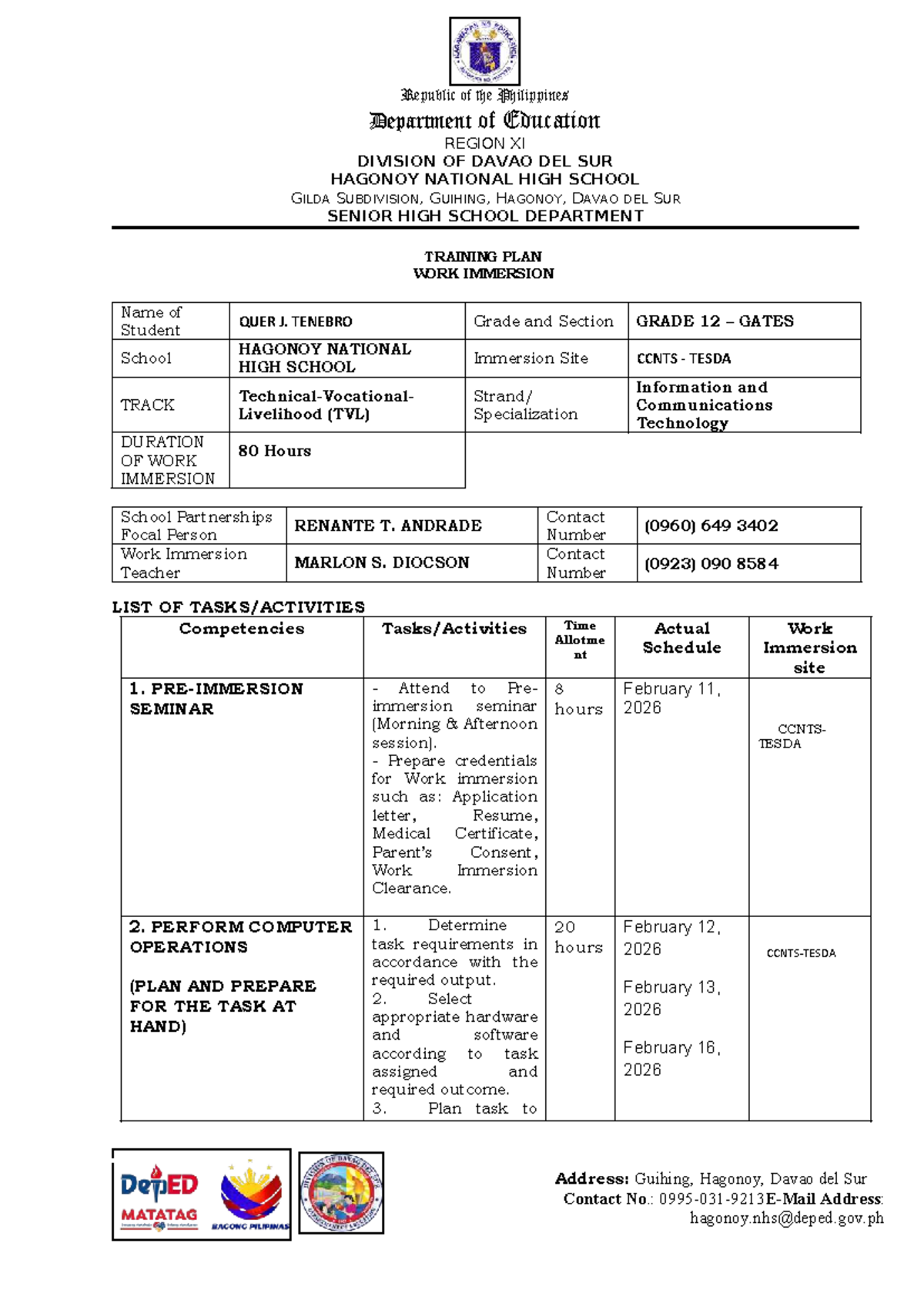 Grade 12 Work Immersion Training Plan (ICT) - Hagonoy National HS - Studocu