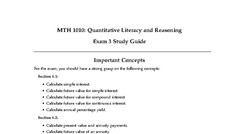 MTH 1010: Quantitative Literacy Exam 3 Key Concepts Review - Studocu