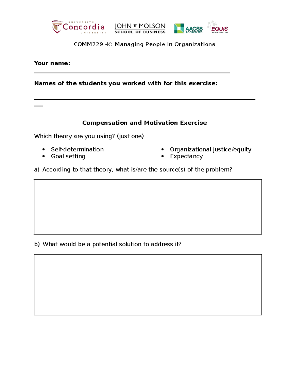 Session 9 - Motivation and compensation exercise - blank - COMM229 -K ...