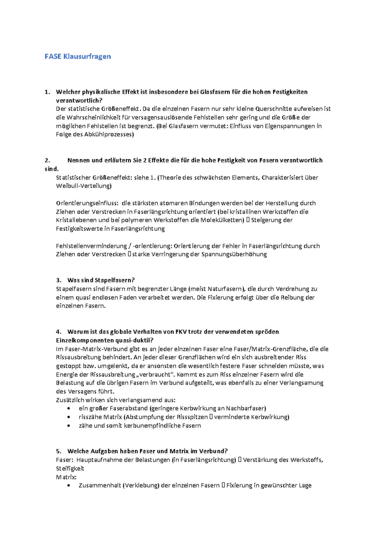 Klausur 2 FASE Juli 2018: Fragen und Antworten zur Faserverbundtechnik - Document Preview