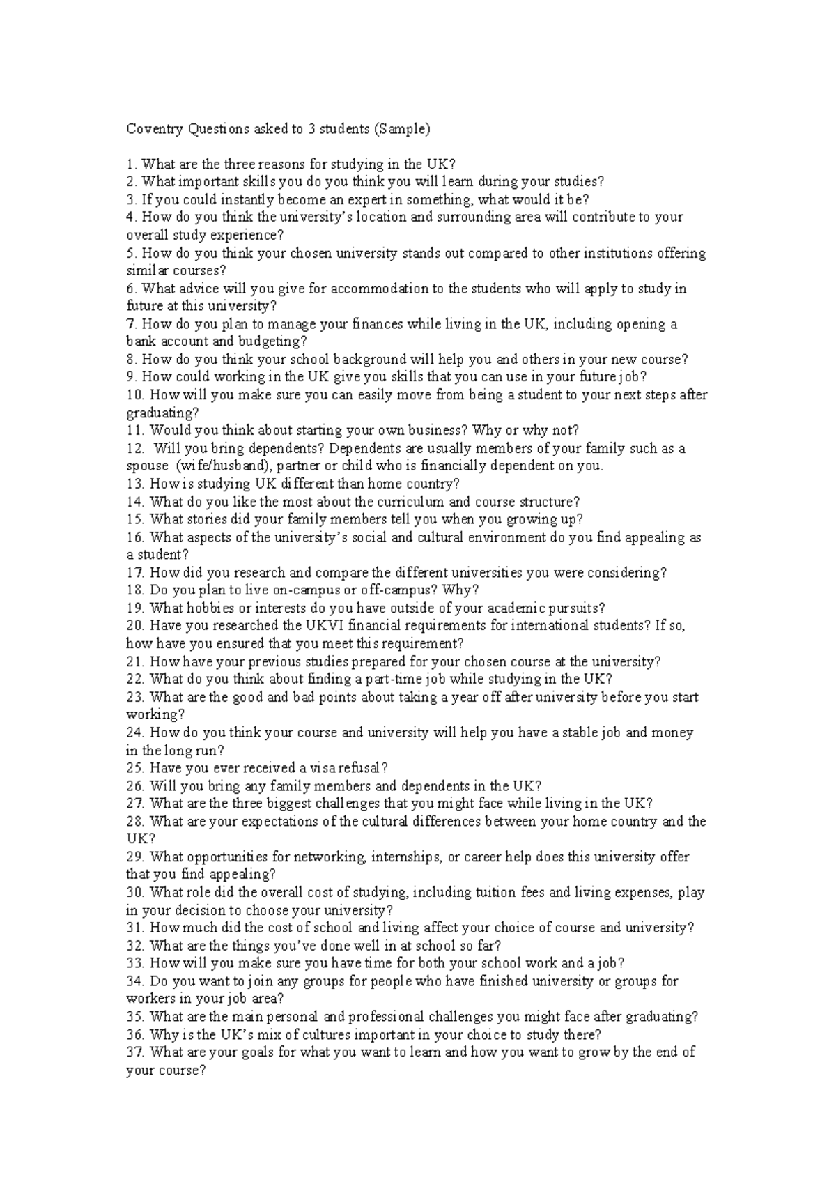 Coventry University Student Experience Questions (Sample) - Studocu