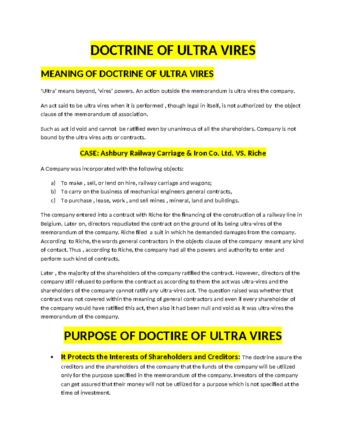 Doctrine of Ultra Vires: Meaning, Purpose, and Case Studies - Studocu