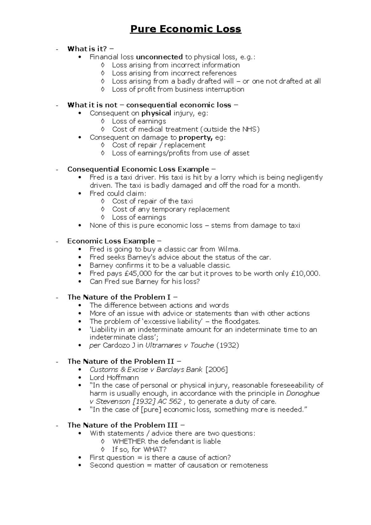 Pure Economic Loss Lecture Notes (Law 101) - Studocu