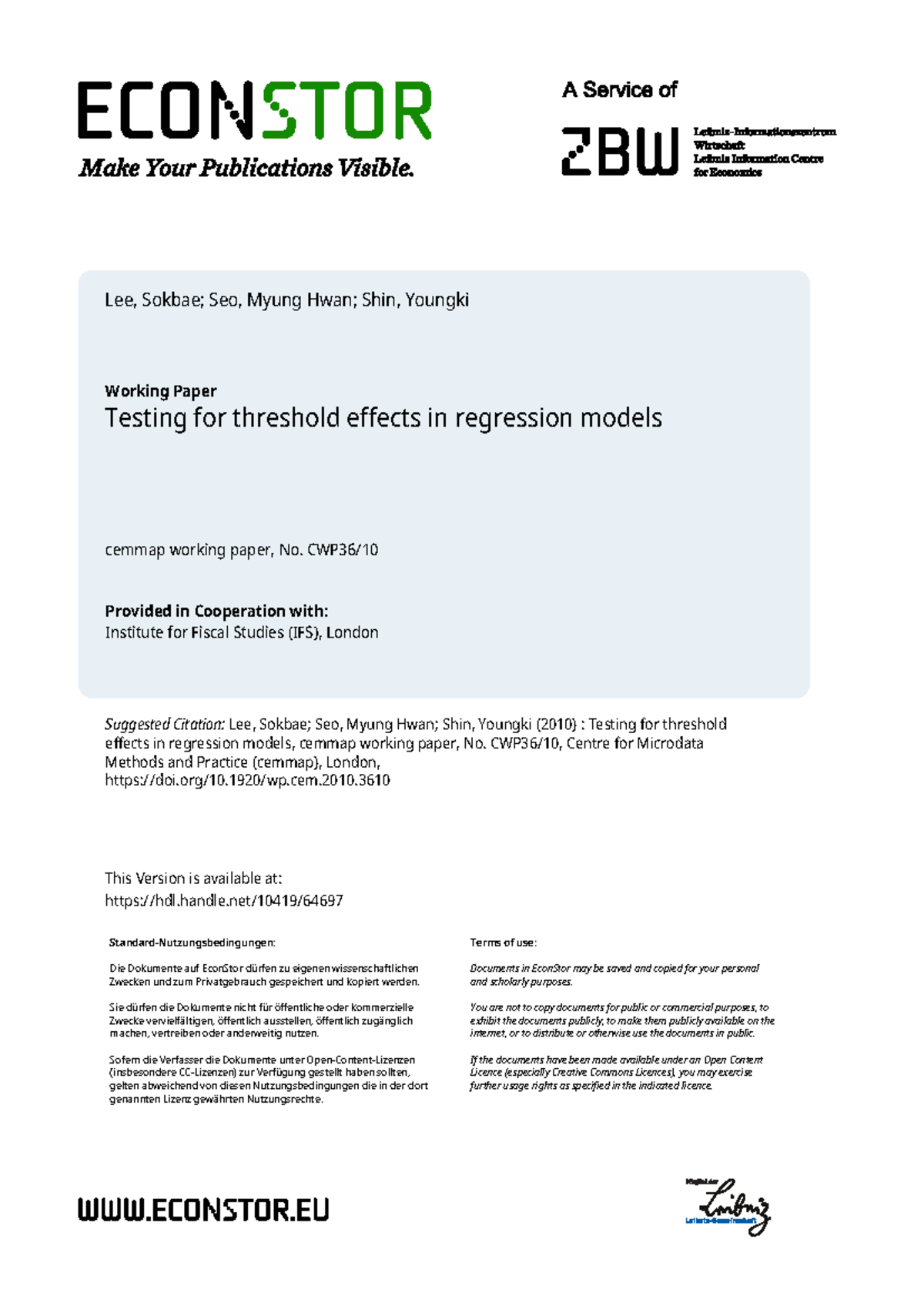 Testing for threshold regression model - Lee, Sokbae; Seo, Myung Hwan ...