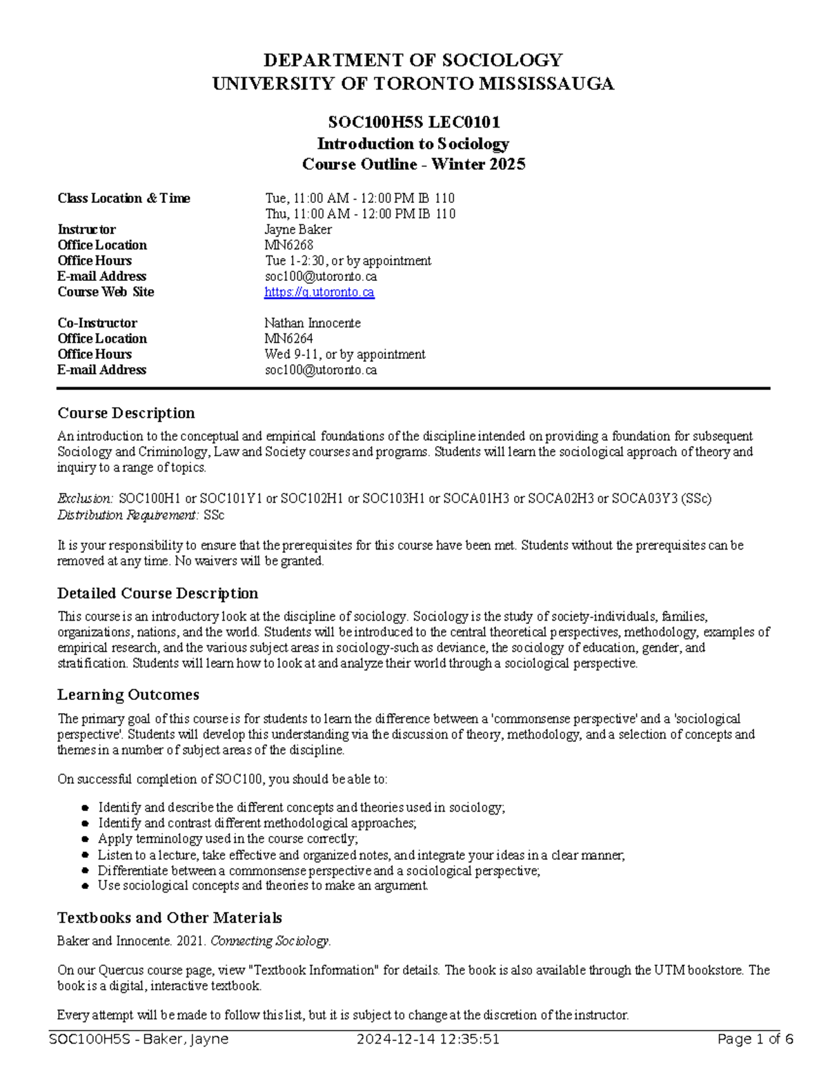 SOC100H5S - Introduction to Sociology Course Outline - Winter 2025 ...