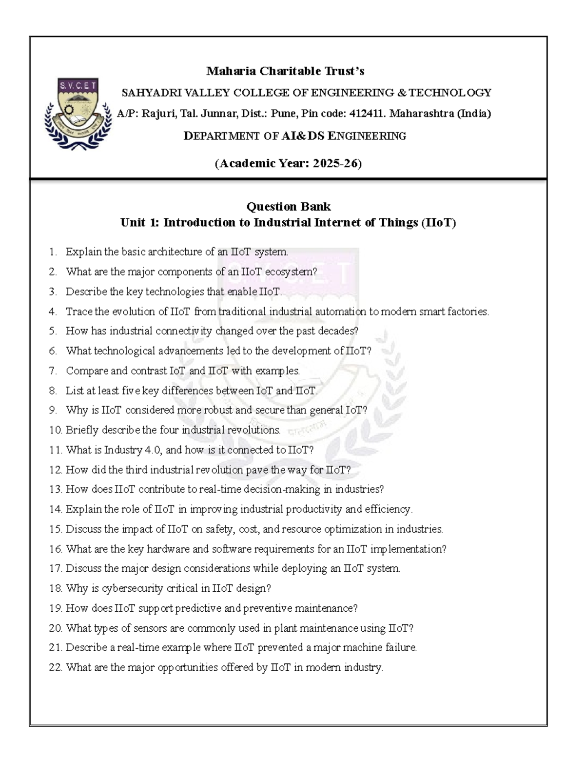 Question Bank of IIoT (Industrial Internet of Things) - Notes - Studocu