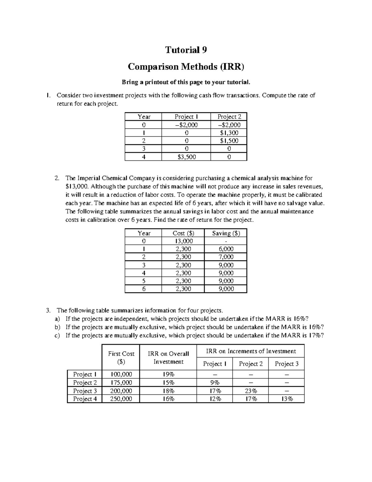 Tutorial 9 - Comparison Methods (IRR) Analysis and Calculations - Studocu