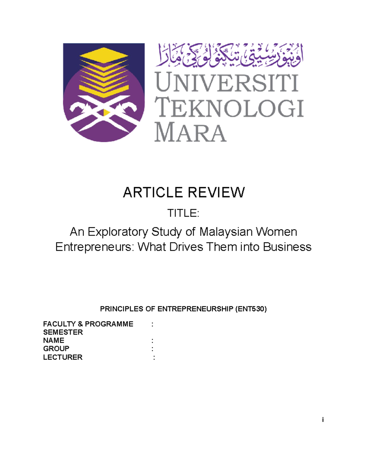 Article Review: Drivers of Malaysian Women Entrepreneurs in ENT530 ...