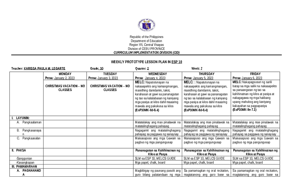 ESP 10 Weekly Lesson Plan: Jan. 2-6, 2023 - Pananagutan sa Kilos - Studocu