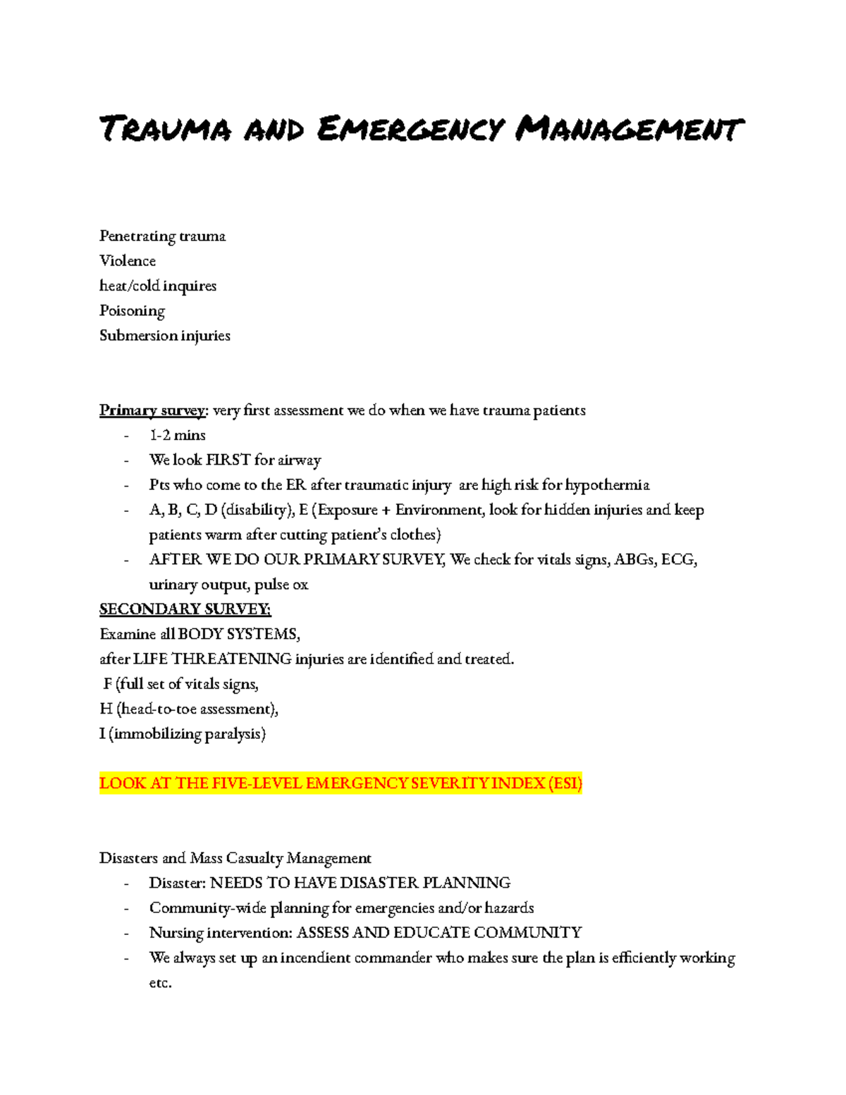 Trauma and Emergency Management Lecture Notes: Key Concepts and ...