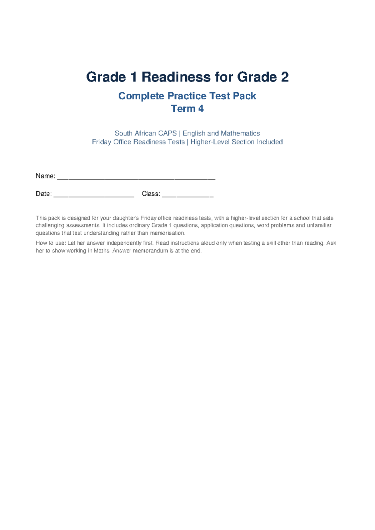 Term 4 Grade 1 Readiness Practice Test Pack for English & Maths - Studocu