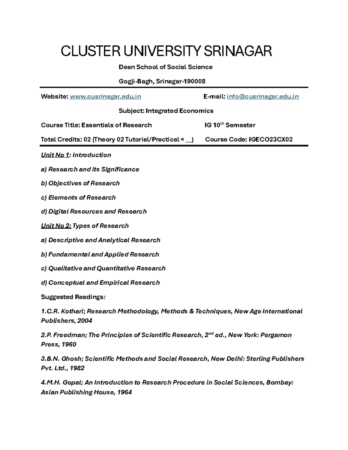 IGECO23CX02 - Essentials of Research Syllabus IG 10th Semester Notes ...