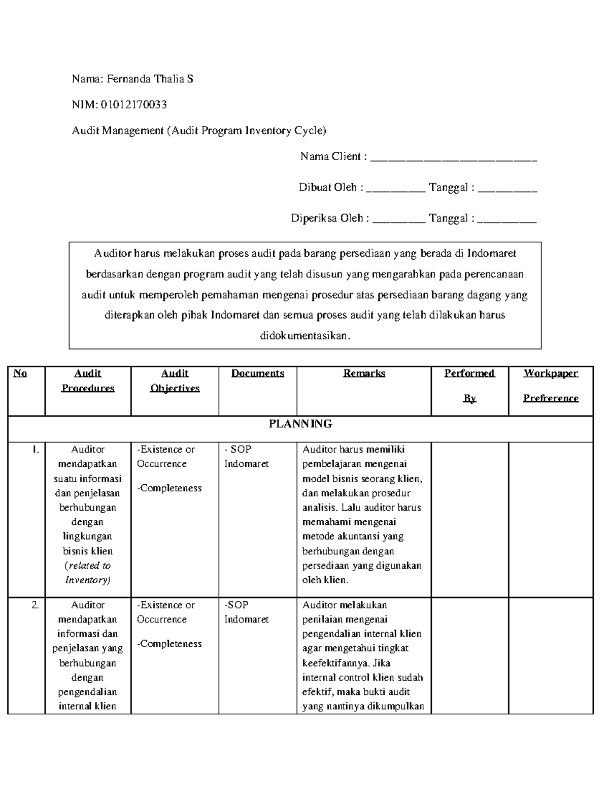 Audit Management (Audit Program for Inventory Cycle) - Studocu