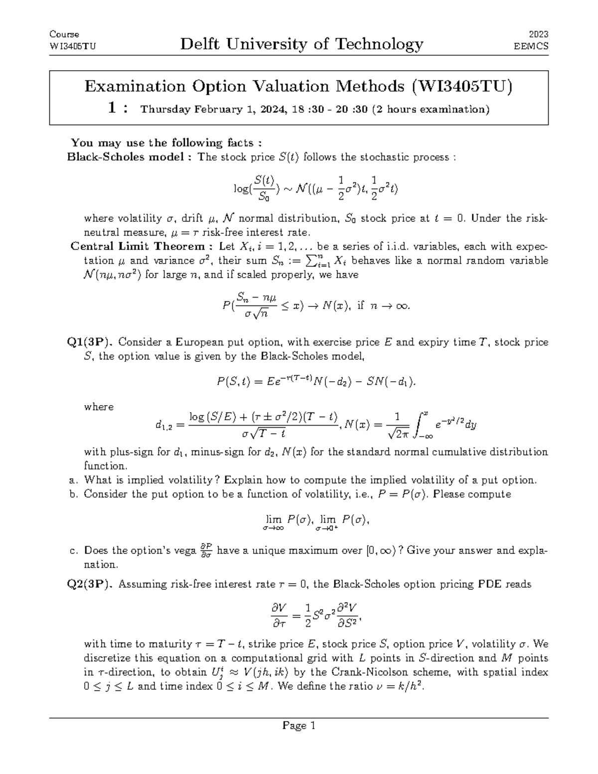 Final Exam Questions for Option Valuation Methods WI3405TU - Studeersnel