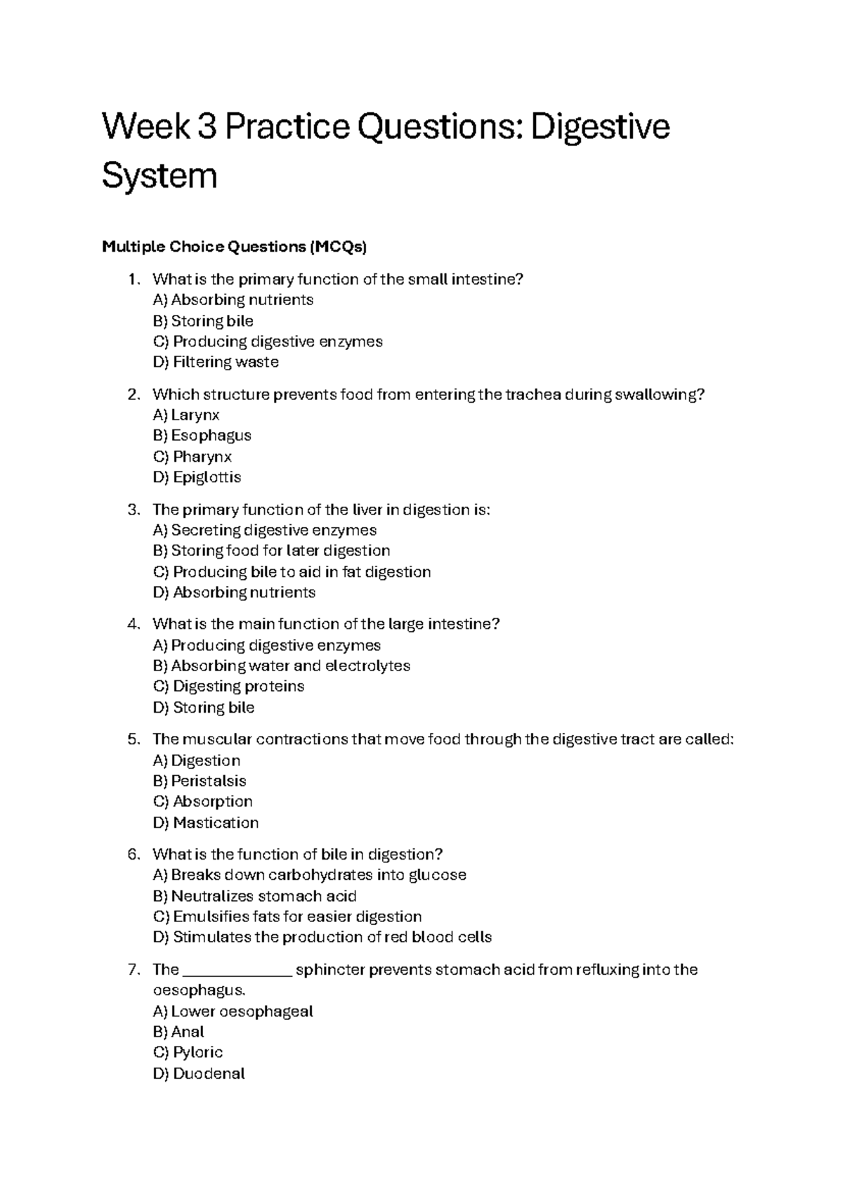 Week 3 Practice Questions Digestive - Week 3 Practice Questions ...