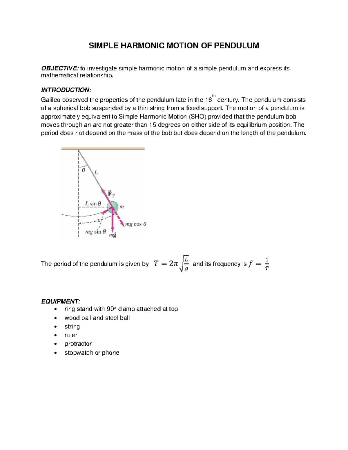 Lab #10: Simple Harmonic Motion of a Pendulum - Studocu