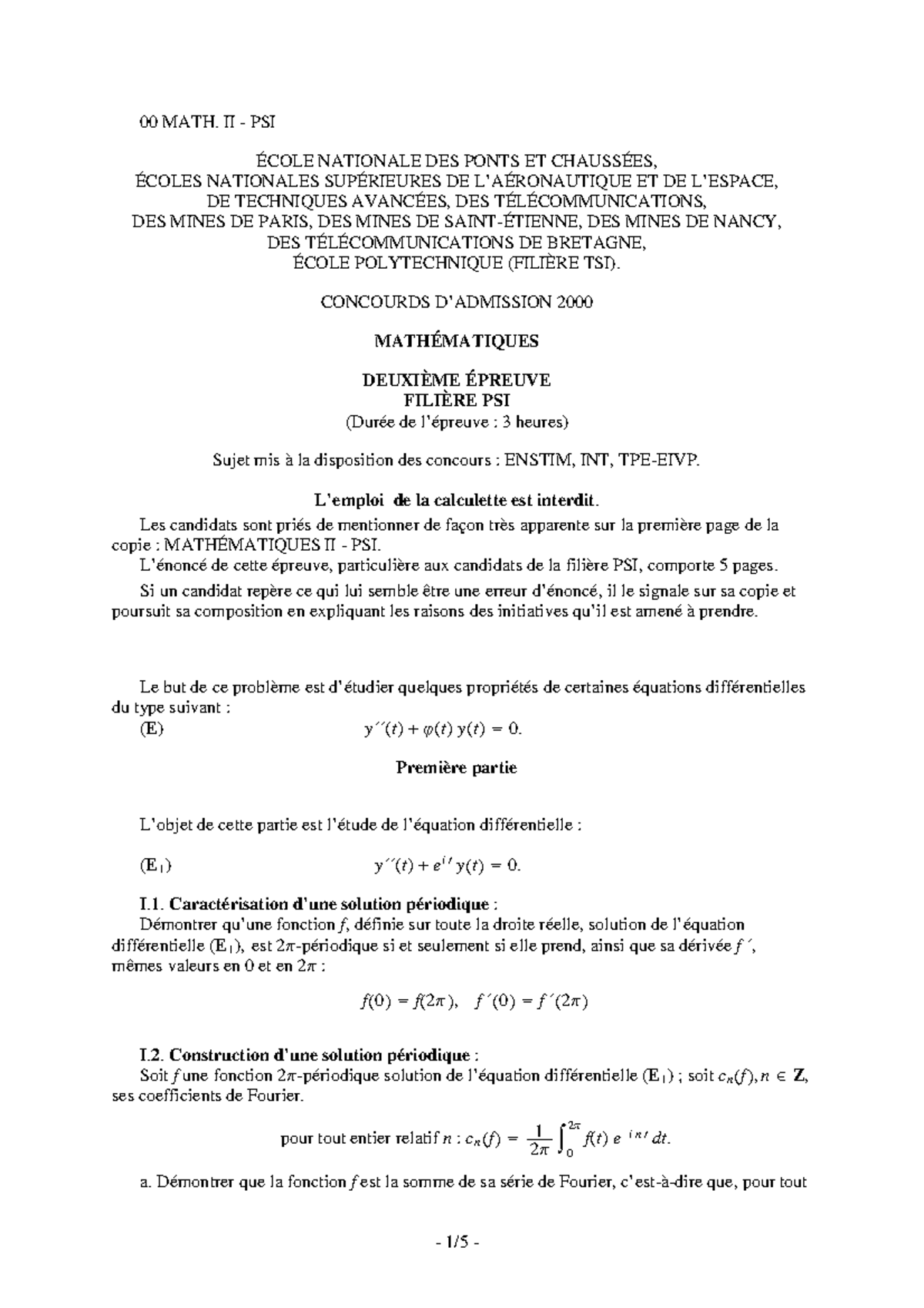 Mines Ponts 2000 - 00 MATH. II - PSI ÉCOLE NATIONALE DES PONTS ET ...