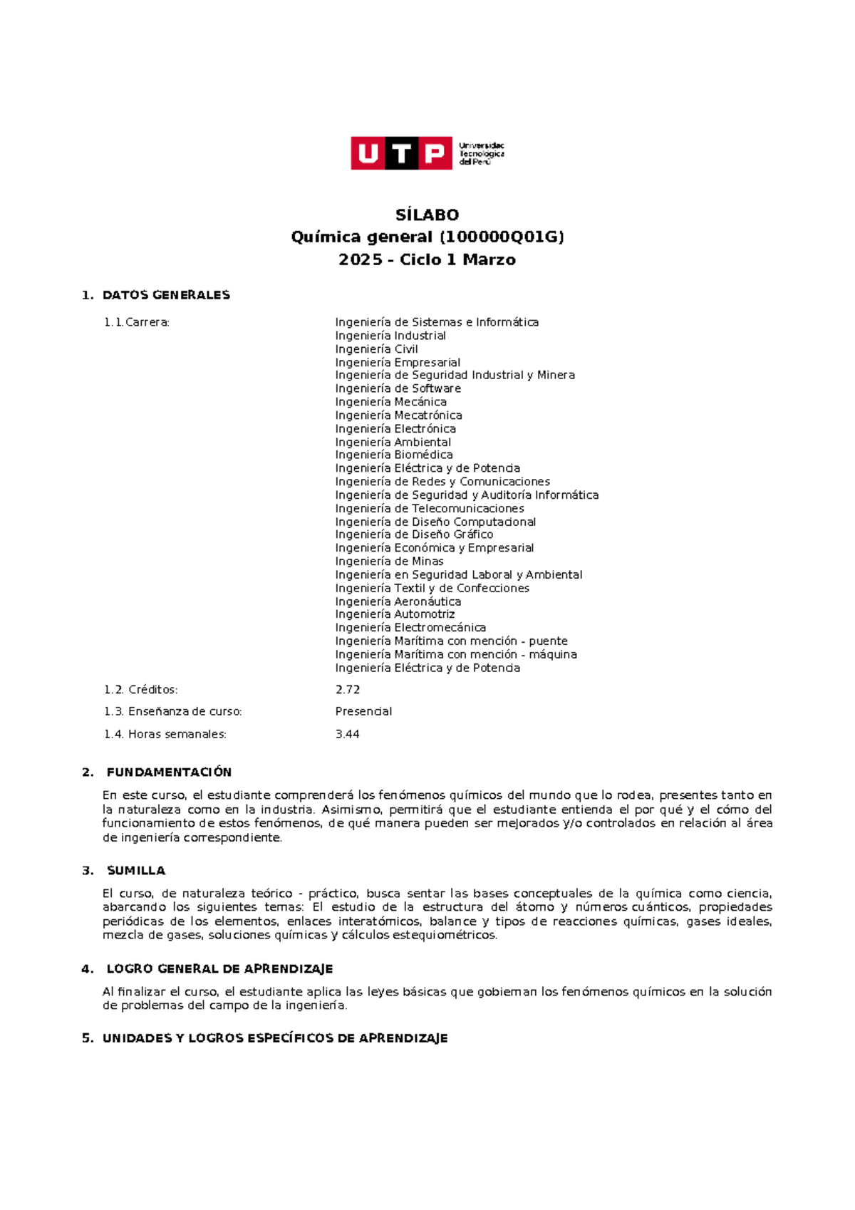 Sílabo de química general 2025 - ciclo 1, marzo - Document Preview
