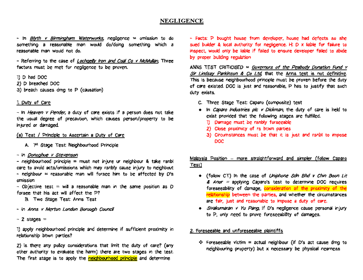 Negligence Summary: Key Cases and Principles (LAW 101) - Studocu
