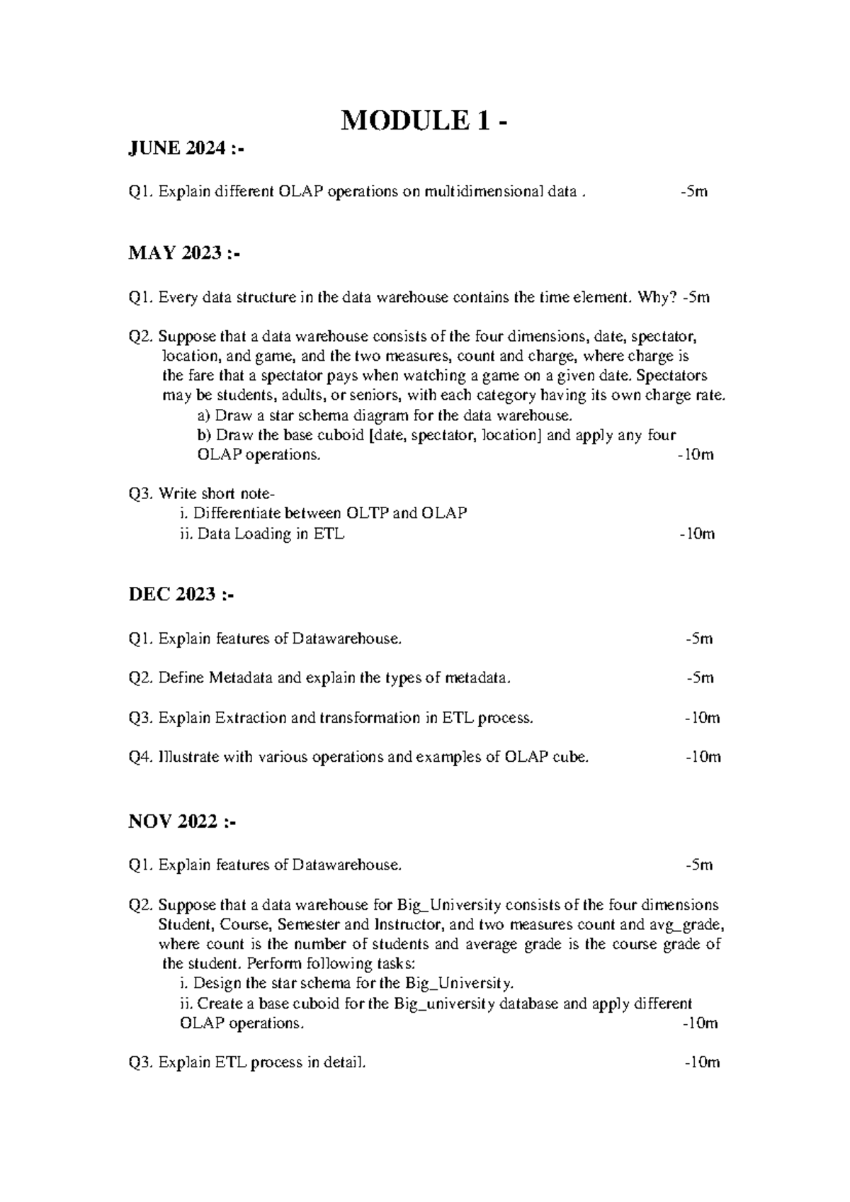 DWM IMP Q - pyqs according to modules - MODULE 1 - JUNE 2024 :- Q1 ...