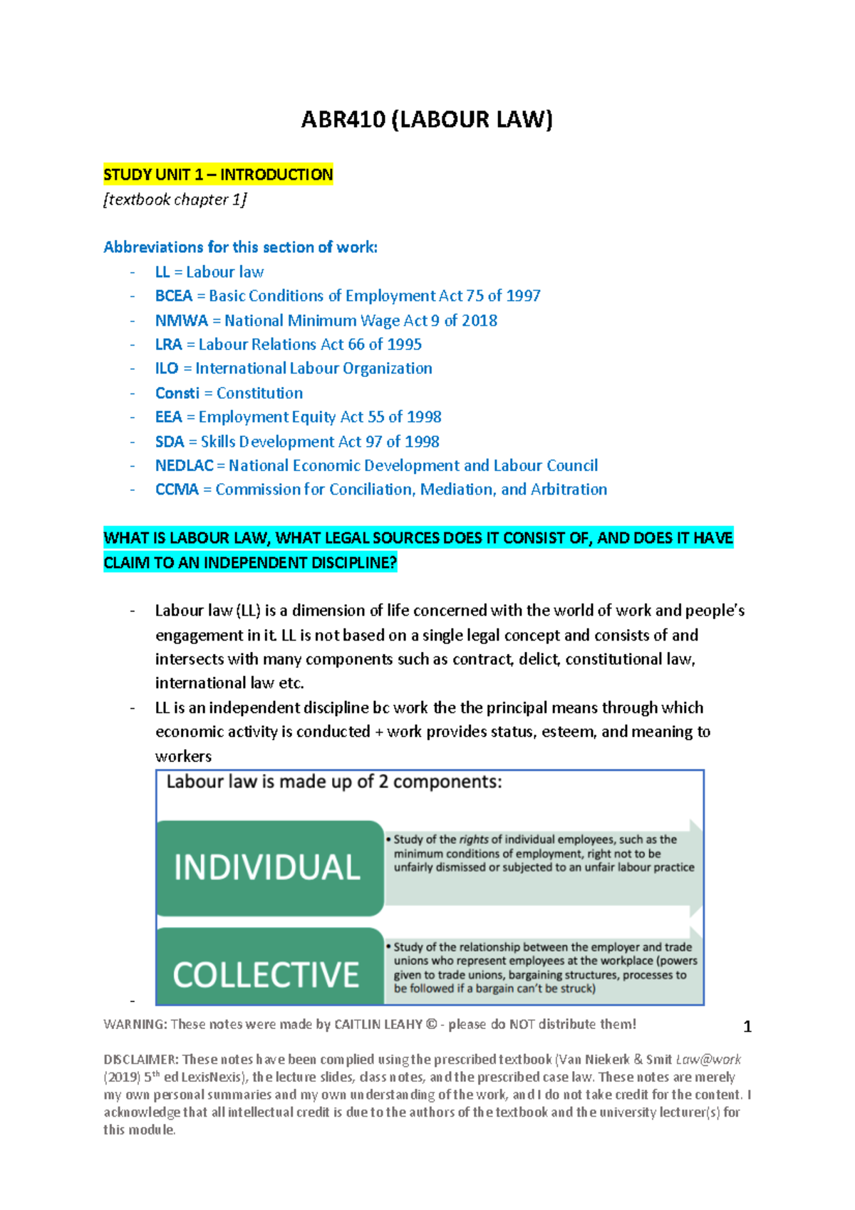 ABR410 (SU 1-3) - Comprehensive Labour Law Study Notes and Insights ...