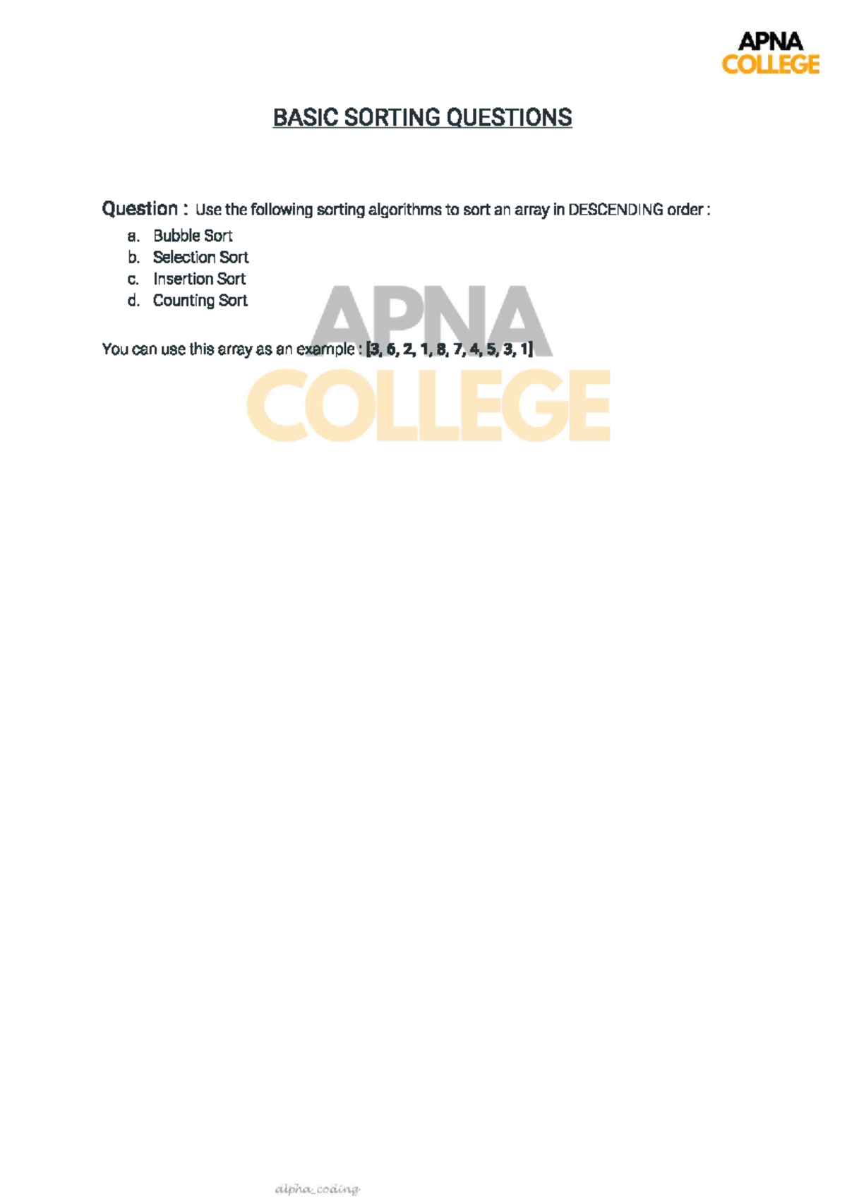 Basic Sorting Questions - Computer Science - APNA COLLEGE BASIC SORTING ...