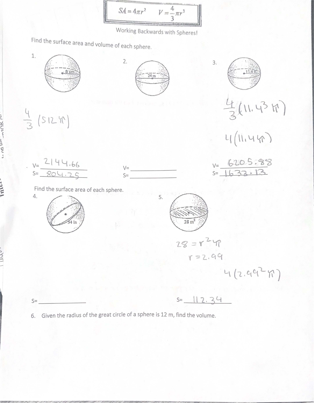 Math 101 - Homework on Surface Area & Volume of Spheres - Studocu