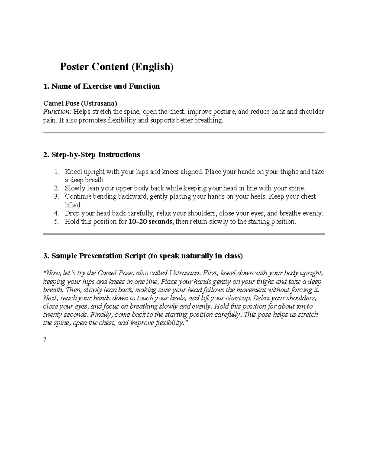 Camel Pose (Ustrasana) Instructions & Benefits - Poster Content - Studocu