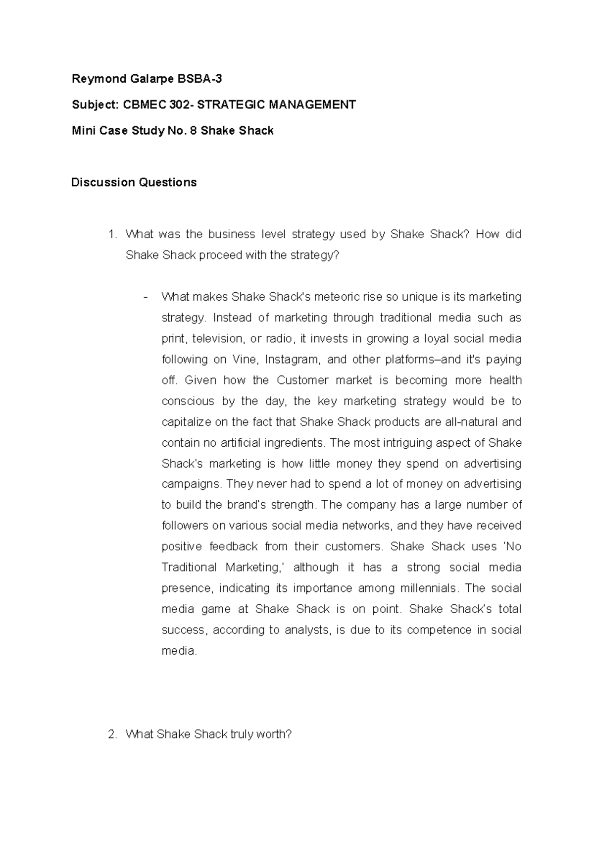 Case Study No. 8: Strategic Management Insights on Shake Shack - Studocu
