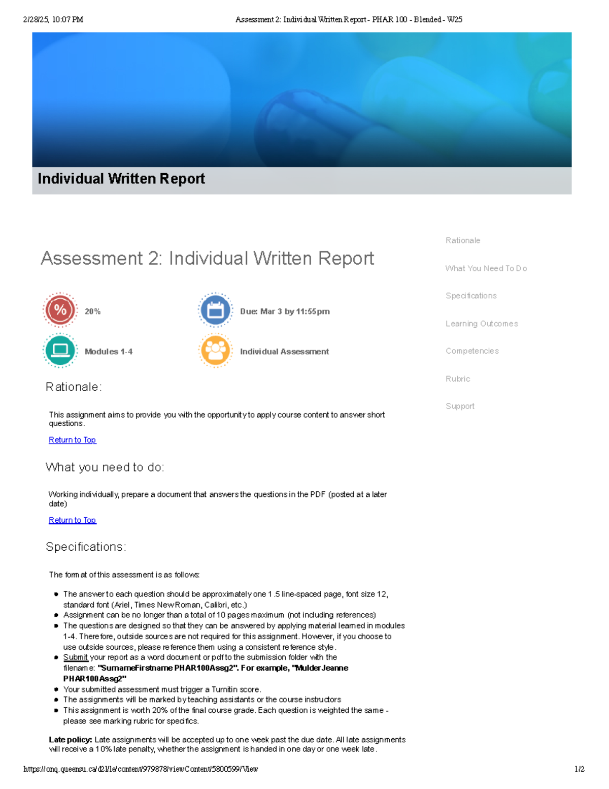 Assessment 2 Individual Written Report - PHAR 100 - Blended - W25 ...