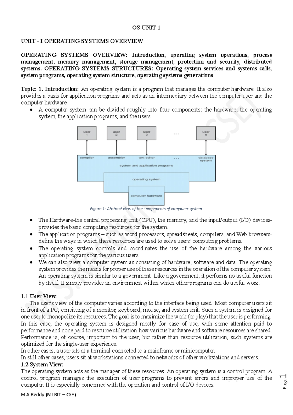 OS UNIT 1 Notes - Page 1 OS UNIT 1 UNIT - I OPERATING SYSTEMS OVERVIEW ...