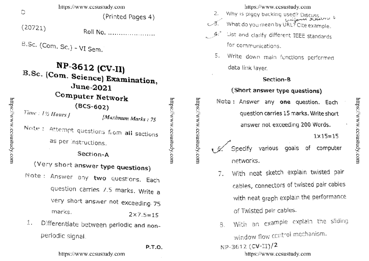 BSc 6 Sem CS Computer Network NP 3612 CV2 June 2021 Exam Paper - Studocu
