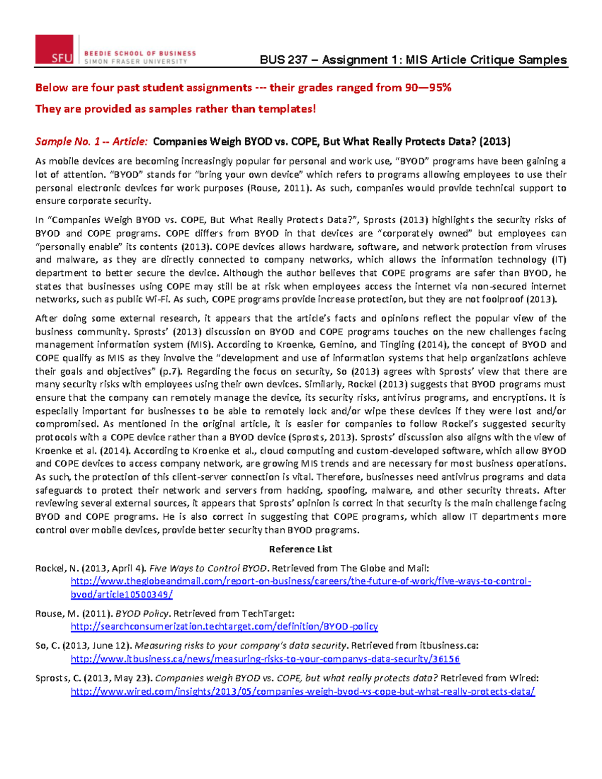 BUS237 Samples Article critique - BUS 237 - SFU - Studocu