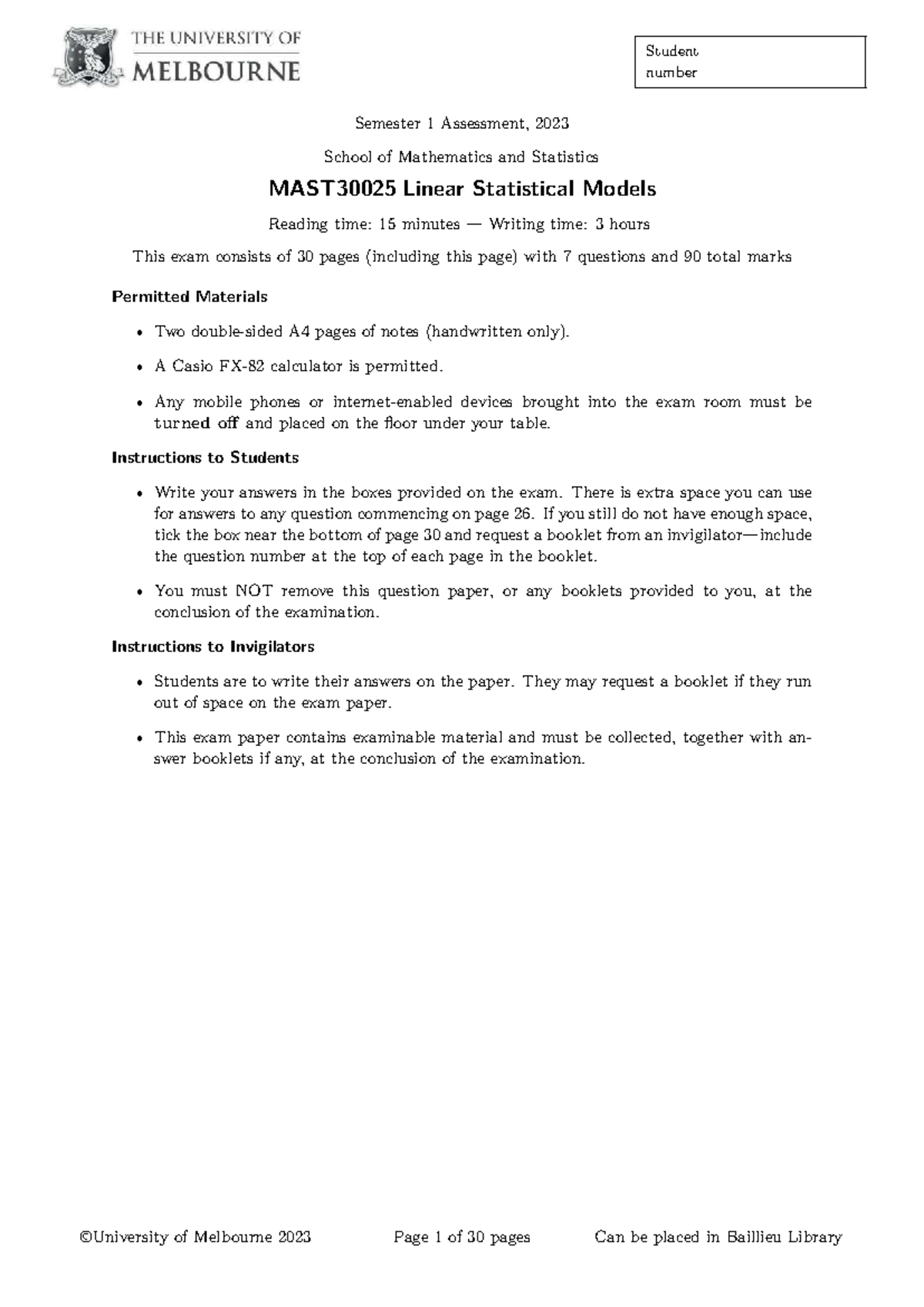 MAST30025 Final Exam: Linear Statistical Models Semester 1, 2023 - Studocu
