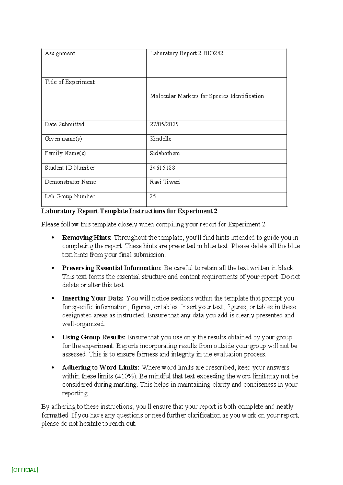 Laboratory Report 2: Molecular Markers for Species ID in BIO282 - Studocu
