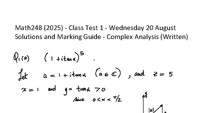 Math248 (2025) Test 1 Solutions & Marking Guide (Complex Analysis ...