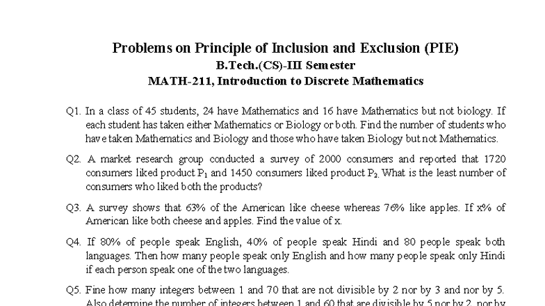 PIE Q&A: Problems on Inclusion-Exclusion in Discrete Math - Studeersnel