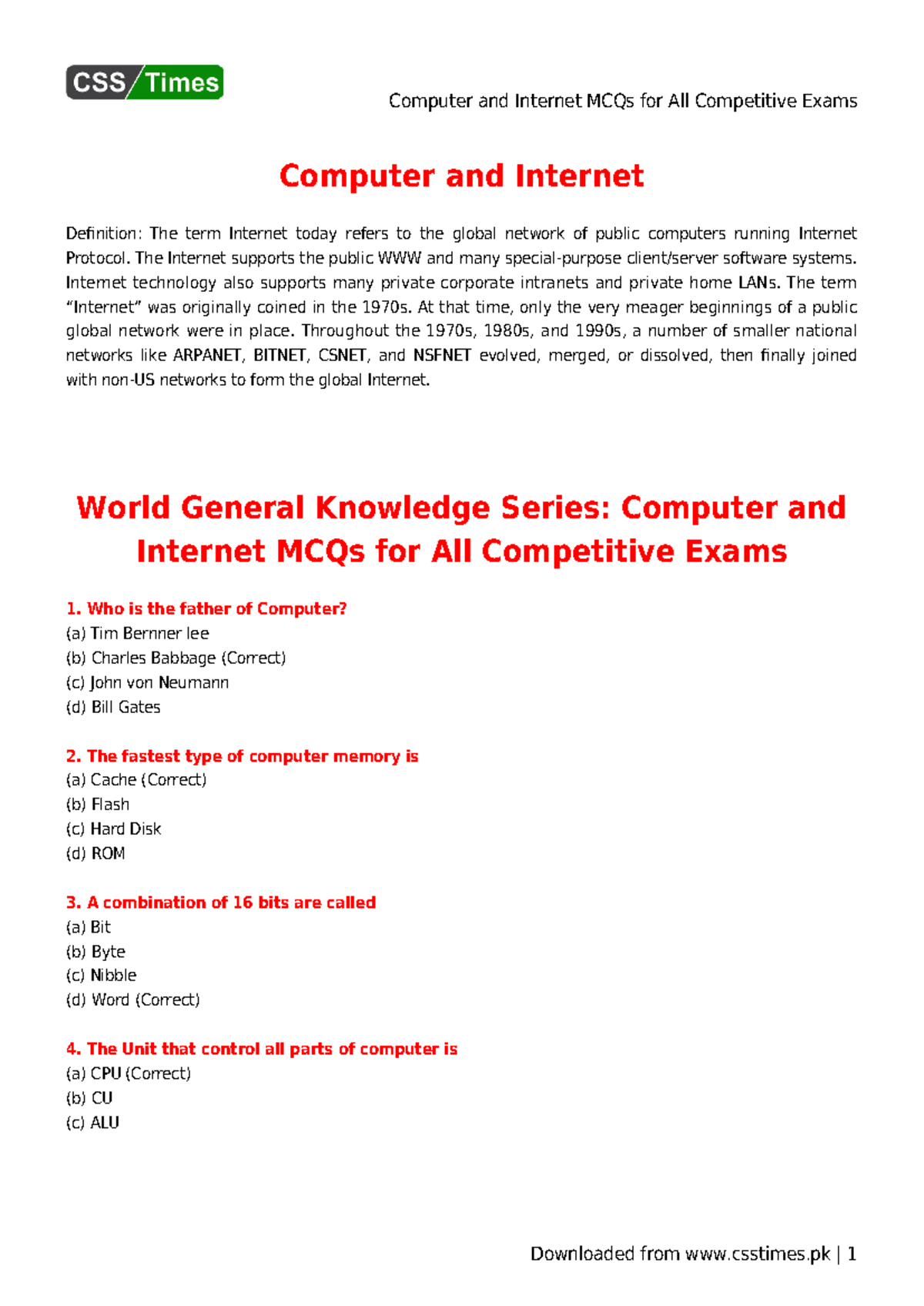 Computer and Internet MCQs for All Competitive Exams - Computer and ...