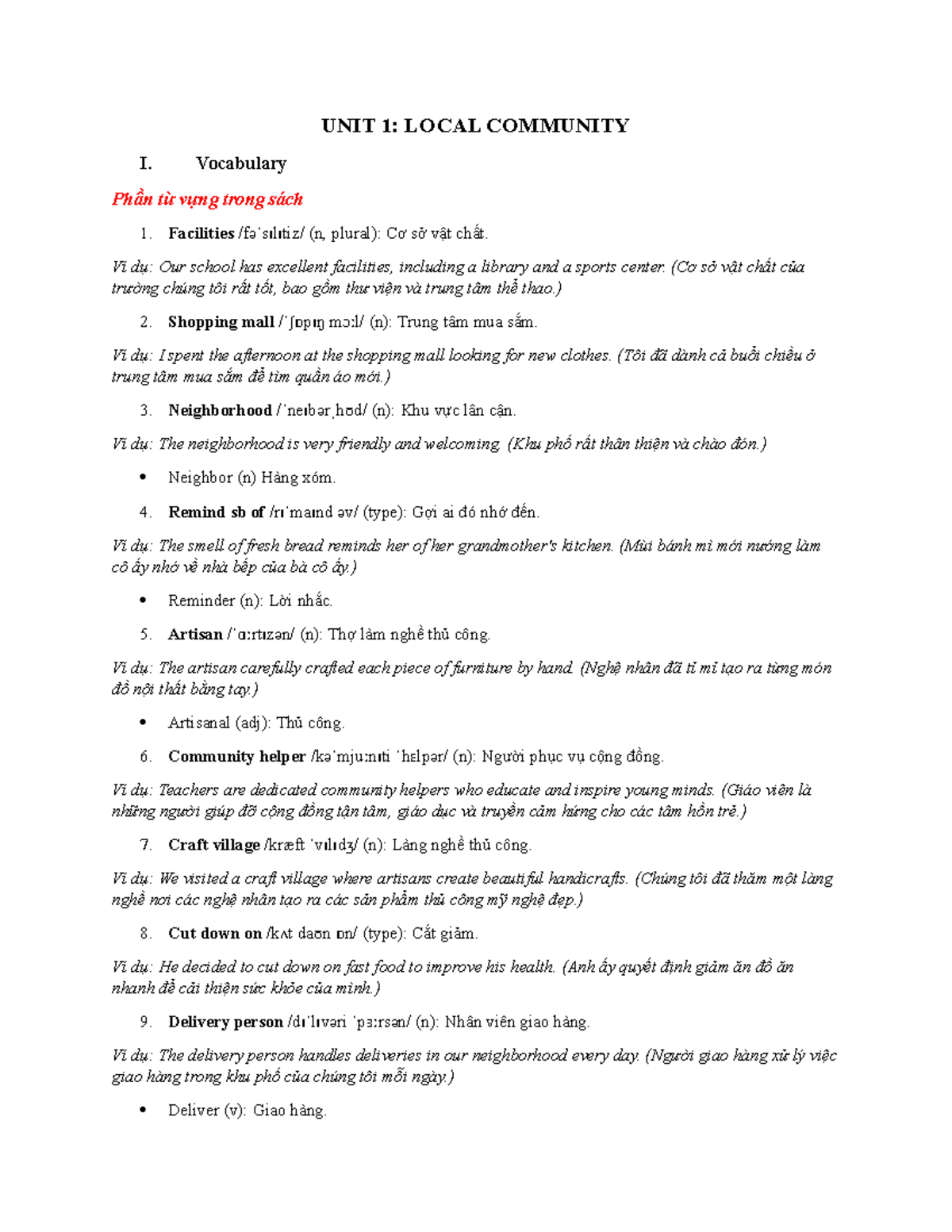 Unit 1: Local Community - Vocabulary and Grammar Overview for ESL ...