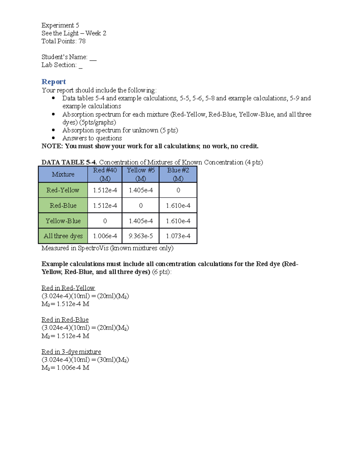 CHEM 109 Lab Report: Exp. 5 - See the Light Week 2 Analysis - Studocu