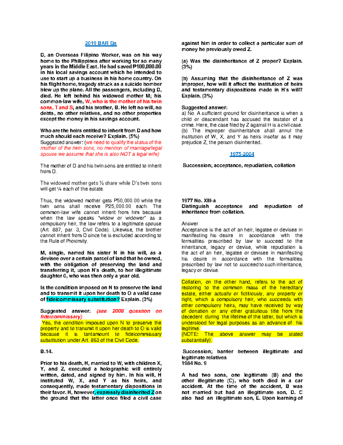 541713579 Succession Bar Exam Questions with Detailed Answers - Studocu