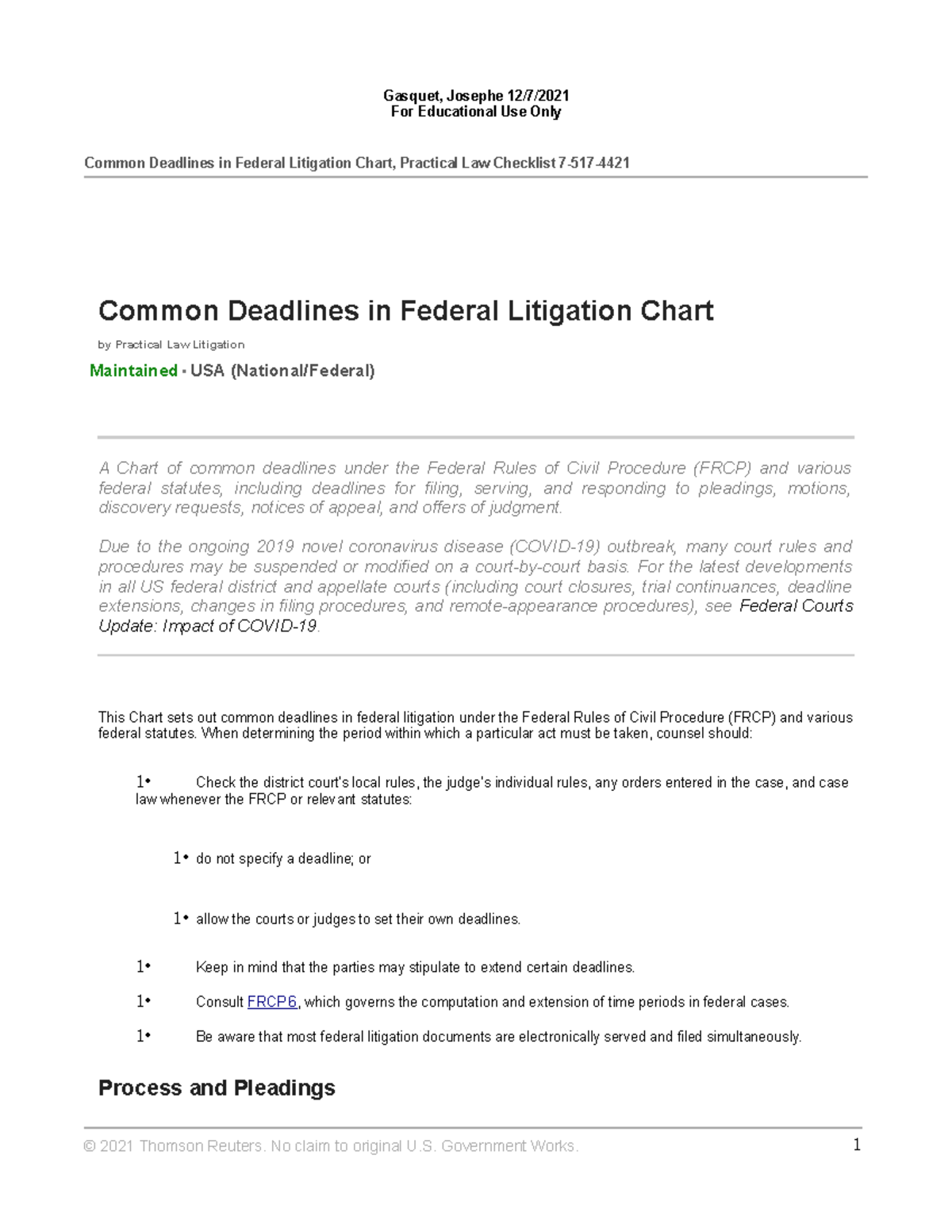 Common Deadlines in Federal Litigation Chart - Due to the ongoing 2019 ...