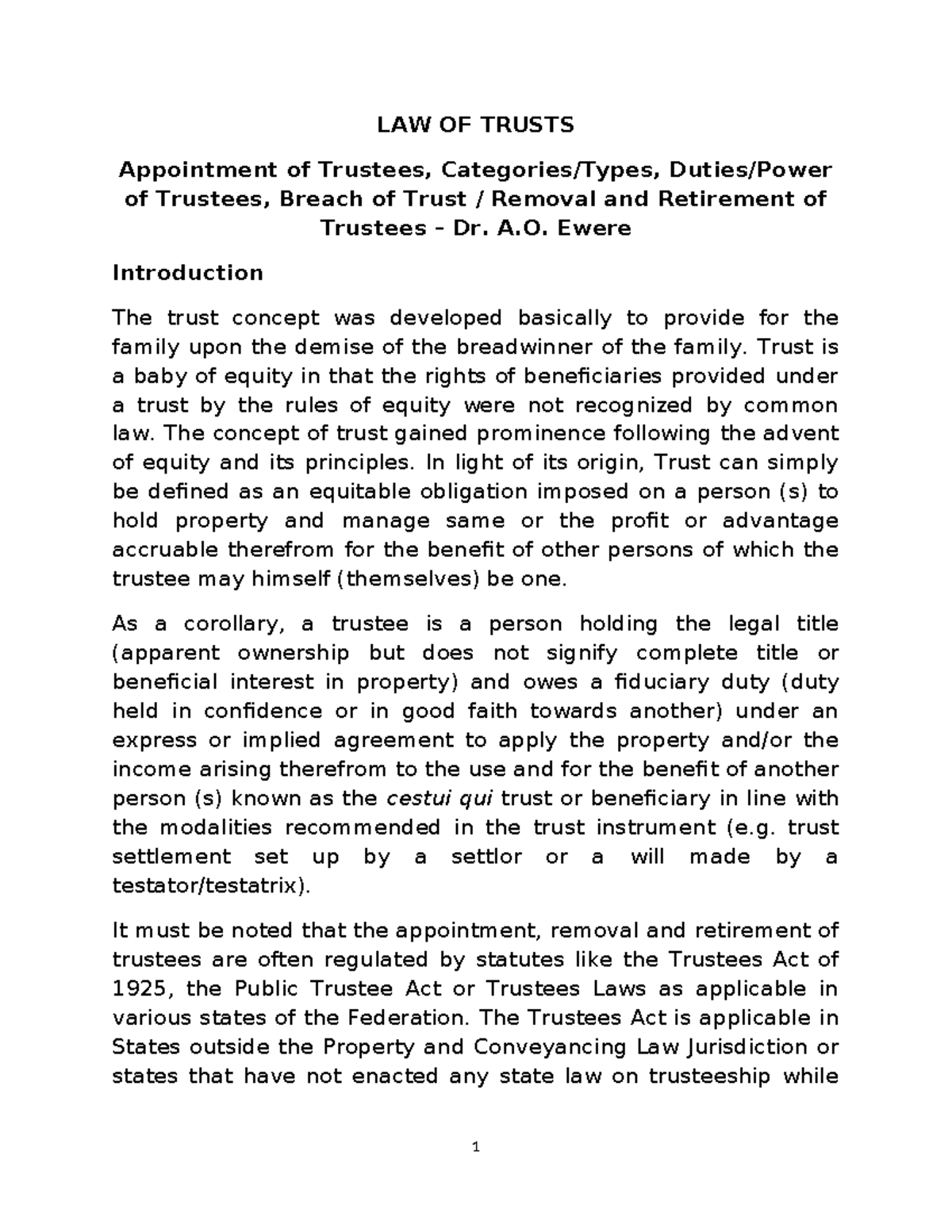 LAW OF TRUSTS: Appointment, Removal, and Duties of Trustees - Studocu
