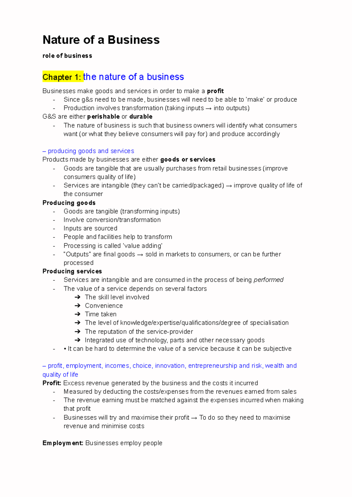Business Studies - Prelim Notes - Nature of a Business role of business ...