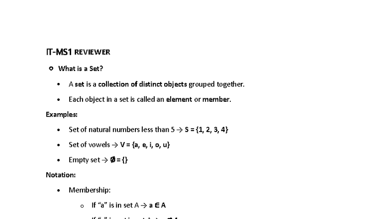 ITMS1 Reviewer: Understanding Sets and Their Operations - Studocu
